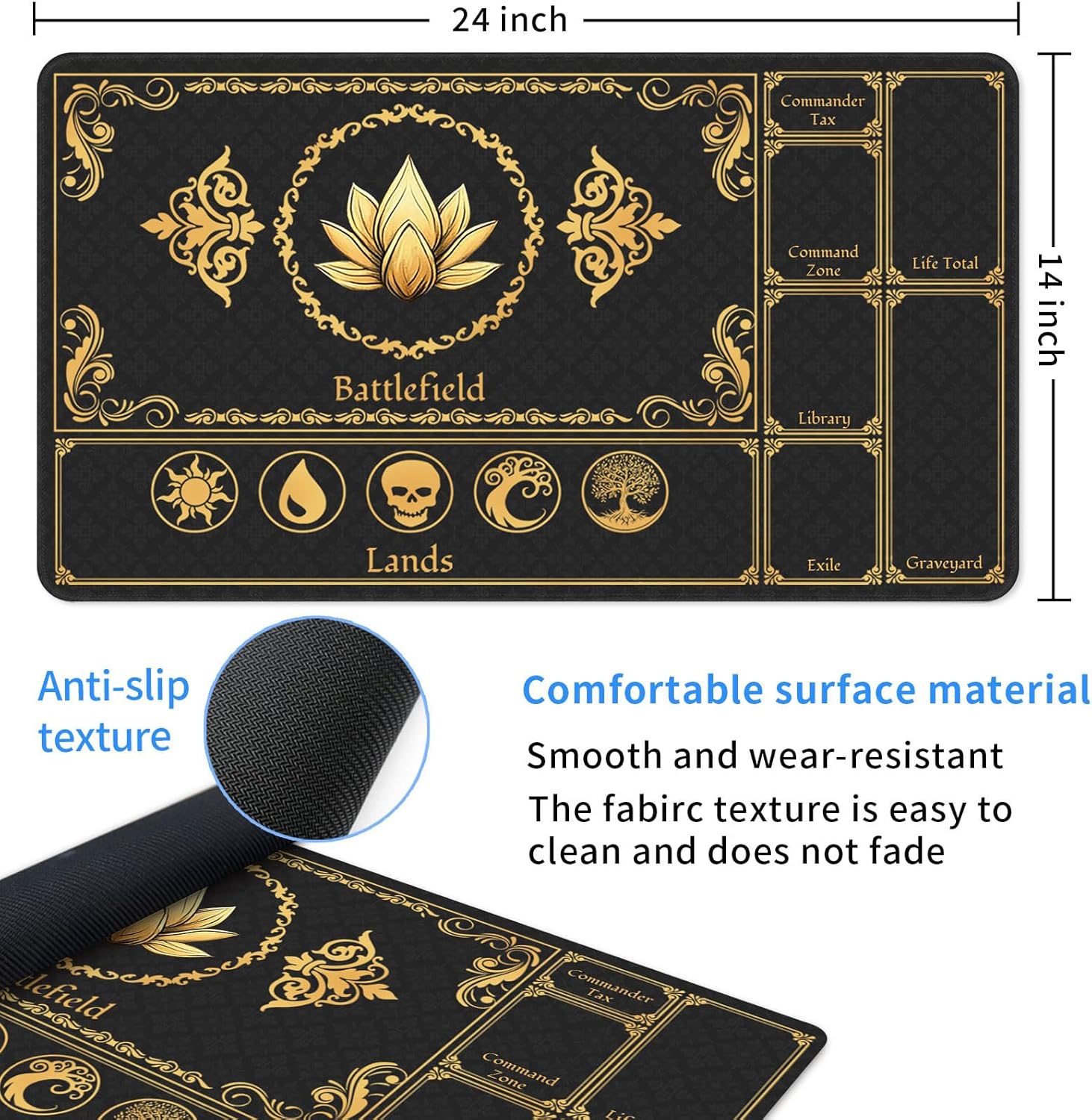 Tapis de jeu pour MTG, taille 61 x 35,6 cm, tapis de jeu de cartes TCG personnalisé pour joueurs de Magic The Gathering - Unique, idéal pour les amateurs de jeux de cartes, noir