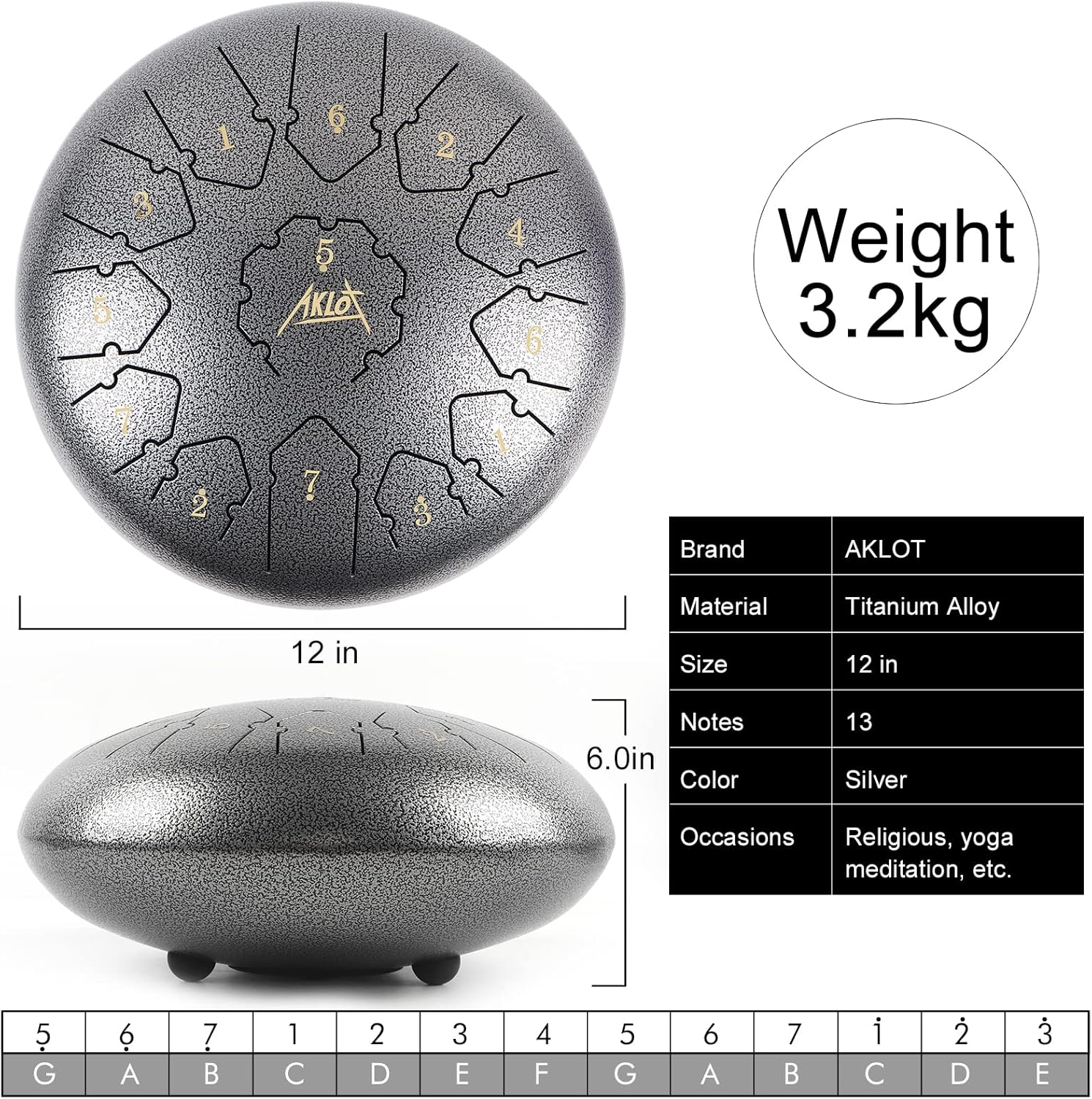 Tongue Drum,AKLOT Handpan 12 Pouces 13 Notes Tambour Zen Steel Tongue Drum Tambour à Langue C Key Pour le Camping, le Yoga, la Méditation