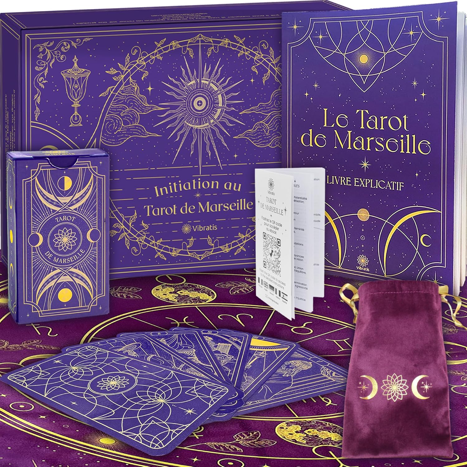 Coffret d'Initiation au Tarot de Marseille : Tarot Divinatoire + Livre de 205 Pages + Nappe Divinatoire & Pochon. Idéal pour Débutants