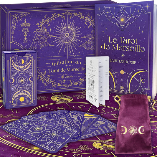 Coffret d'Initiation au Tarot de Marseille : Tarot Divinatoire + Livre de 205 Pages + Nappe Divinatoire & Pochon. Idéal pour Débutants