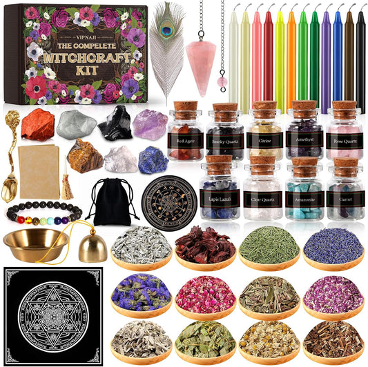 VIPNAJI 64PC Fournitures de Sorcellerie Ensemble de Sorcellerie Kit de Sorcellerie Bougies Candle Magiques Colorées Pierre Naturelles Pièces de Cristal,Fleur Séchée Utilisé pour la Prière,Mantra,Magie